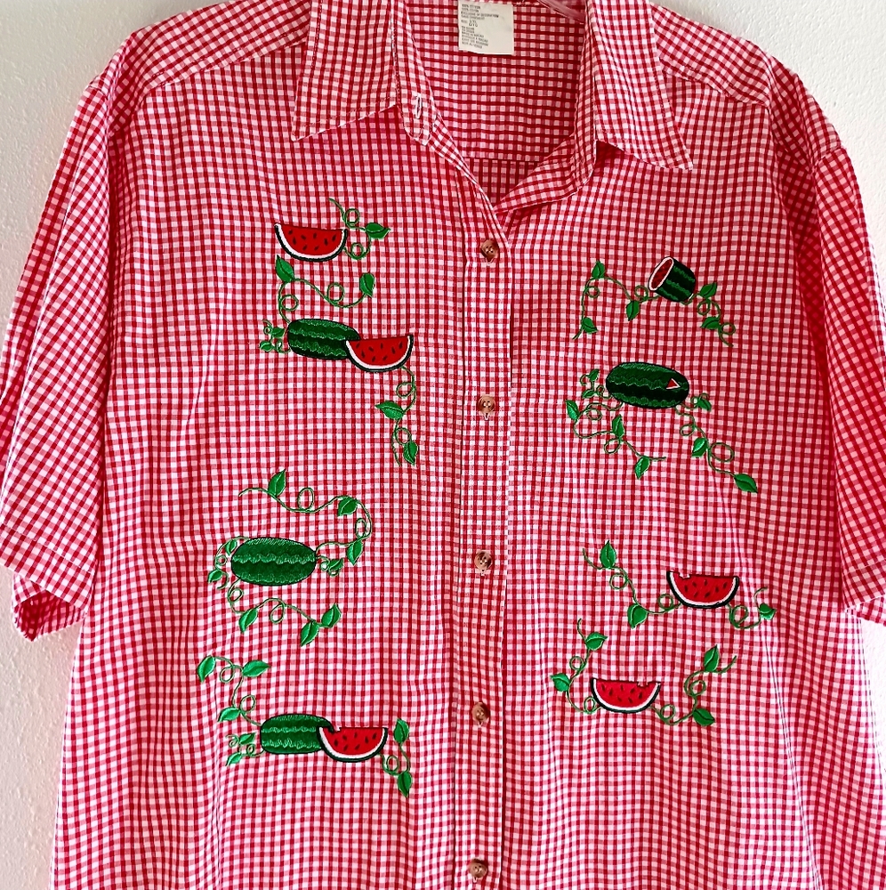Red Gingham Button-Down Shirt with Watermelon Embroidery